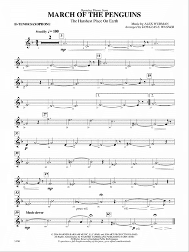 March of the Penguins, Opening Theme from (The Harshest Place on Earth): B-flat Tenor Saxophone