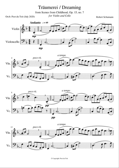 Träumerei/Dreaming from Scenes from Childhood, Op. 15, no. 7 - R Schumann (Violin & Cello)