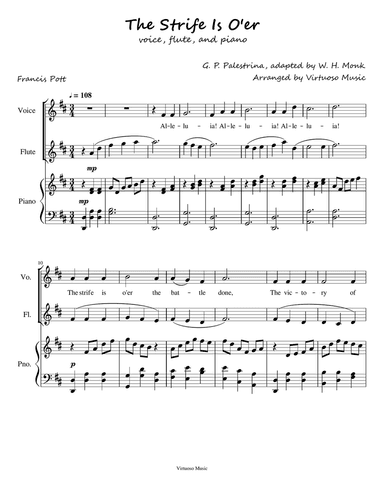 The Strife is O'er by G. Palestrina Easter Hymn Easy arrangement for Voice, Flute, and Piano