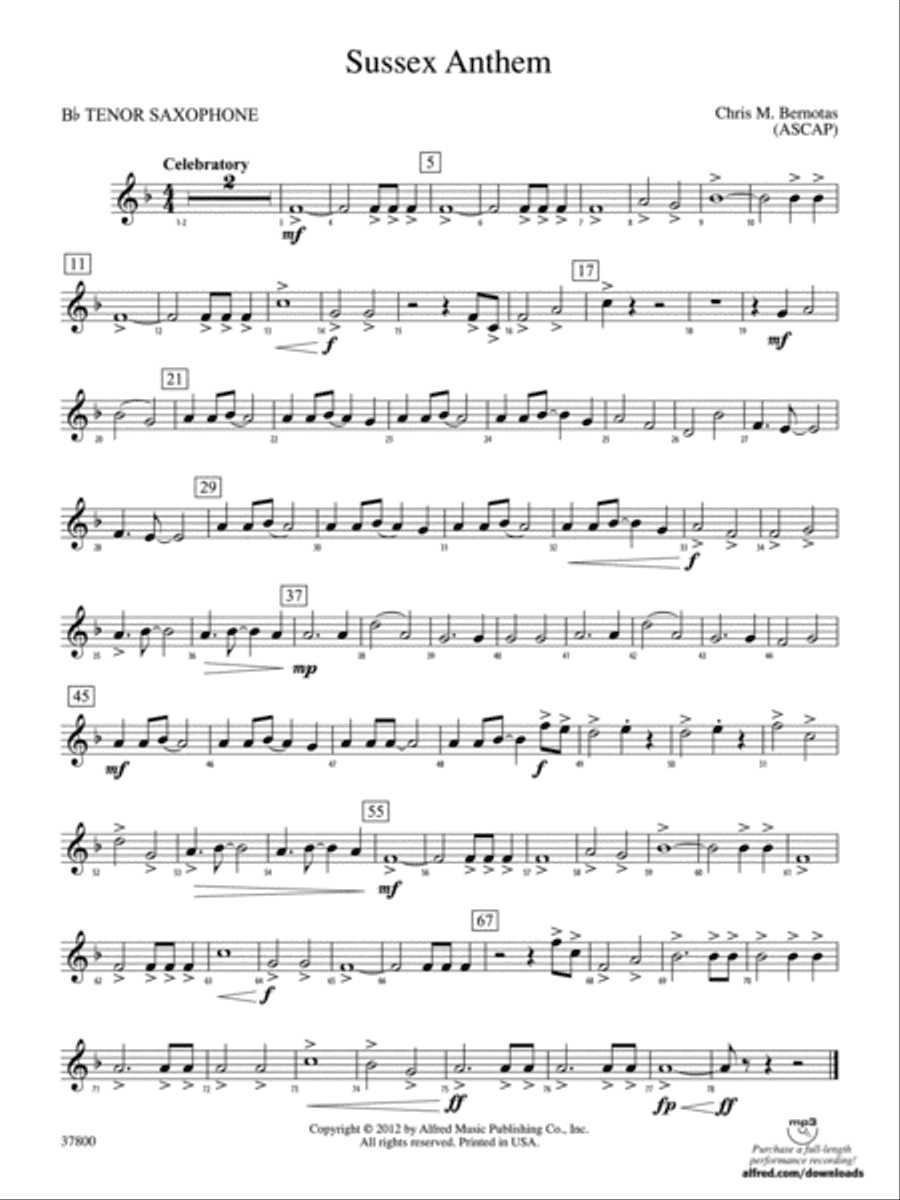 Sussex Anthem: B-flat Tenor Saxophone