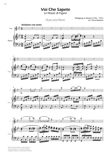 Voi Che Sapete from Le Nozze di Figaro - Flute and Piano (Full Score)