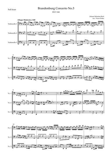 Brandenburg Concerto No. 3 in G major, BWV 1048 1st Mov. (J.S. Bach) for Cello Trio