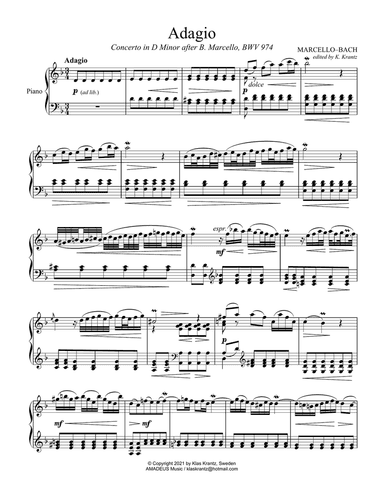 Adagio BWV 974 from Concerto in D Minor after Marcello for piano solo