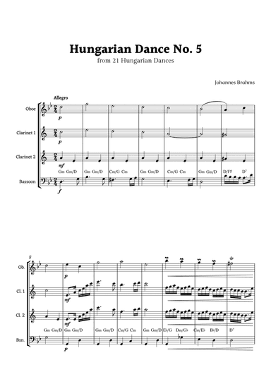 Hungarian Dance No. 5 by Brahms for Woodwinds Quartet
