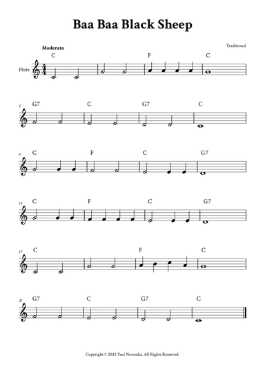 Baa Baa Black Sheep - Easy Flute (C Major - with Chords)