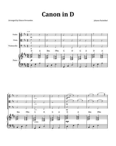 Canon by Pachelbel - String Trio with Piano and Chord Notation