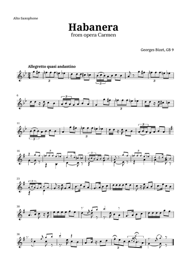Habanera from Carmen by Bizet for Alto Sax Solo
