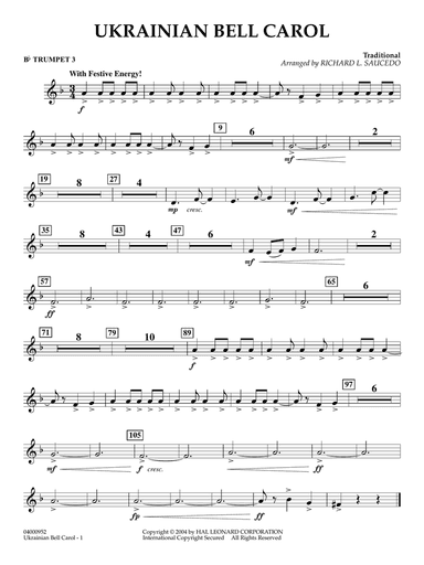 Ukrainian Bell Carol (arr. Richard L. Saucedo) - Bb Trumpet 3