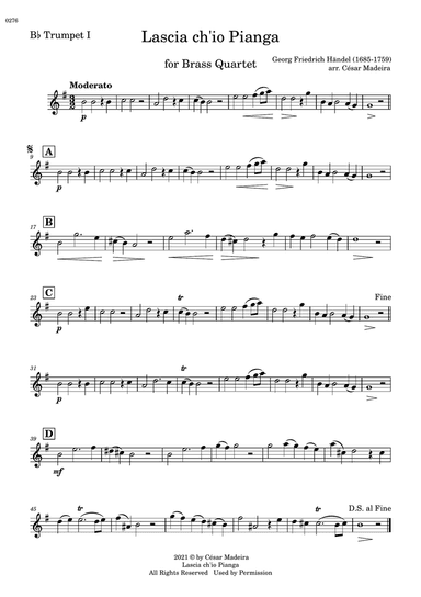 Lascia Ch'io Pianga - Brass Quartet (Individual Parts)