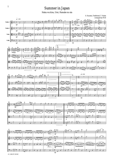 Japanese famous songs (medley) Summer in Japan(Natsu wa kinu, Umi, Hamabe no uta), for string quar