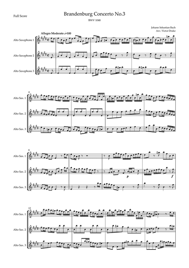 Brandenburg Concerto No. 3 in G major, BWV 1048 1st Mov. (J.S. Bach) for Alto Saxophone Trio