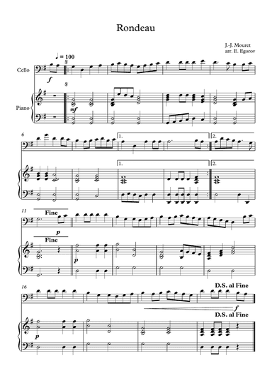 Rondeau, Jean-Joseph Mouret, For Cello & Piano