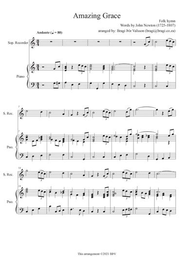 Amazing Grace - for Soprano Recorder with piano accompaniment