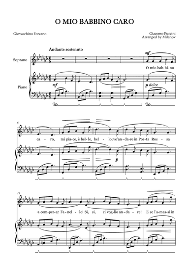 O Mio Babbino Caro | Female Voice Soprano | G-flat Major | Piano accompaniment | Pedal