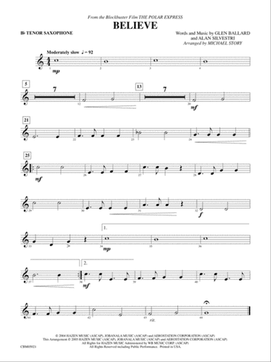 Believe (from The Polar Express): B-flat Tenor Saxophone