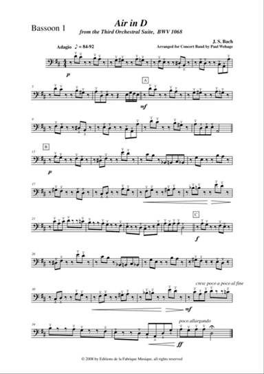 Johann Sebastian Bach/Wehage, Air in D from the Third orchestral suite, BWV 1068 arranged for concer