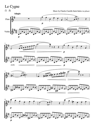 "Le Cygne" Flute Violin duet un accompanied