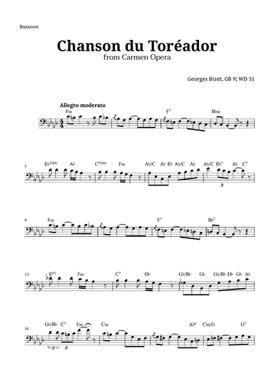 Chanson du Toreador by Bizet for Bassoon
