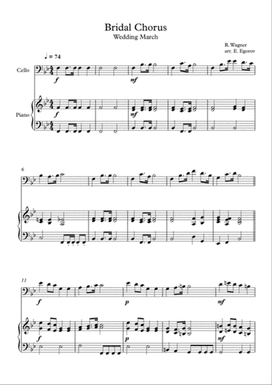 Bridal Chorus (Wedding March), Richard Wagner, For Cello & Piano