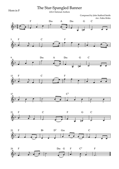 The Star Spangled Banner (USA National Anthem) for Horn in F Solo with Chords (Bb Major)