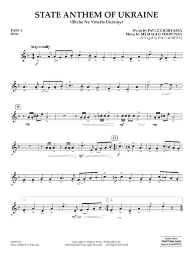 State Anthem of Ukraine (Shche Ne Vmerla Ukrainy) (arr. Murtha) - Pt.1 - Oboe
