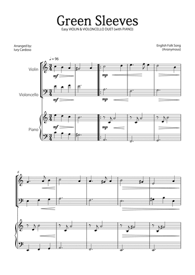 "Green Sleeves" - Beautiful easy version for VIOLIN & VIOLONCELLO DUET and PIANO