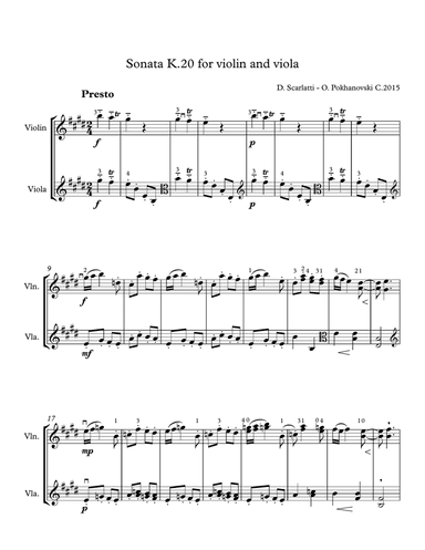 D. Scarlatti Sonata in E K.20 for violin and viola