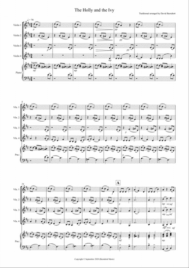The Holly and the Ivy for Violin Quartet