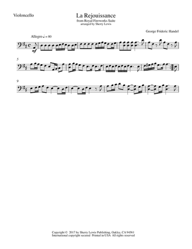 La ReJOUISSANCE from Royal Fireworks for Cello Solo