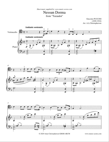 Nessun Dorma - Cello and Piano