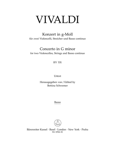 Concerto for two Violoncellos, Strings and Basso continuo in G minor RV 531