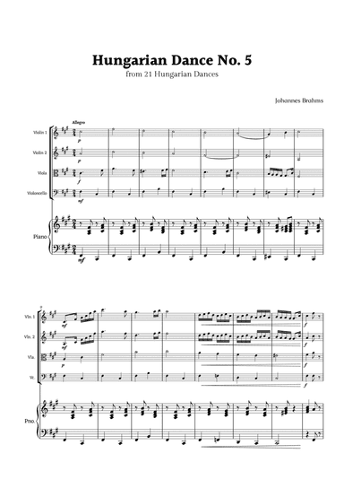Hungarian Dance No. 5 by Brahms for String Quartet and Piano