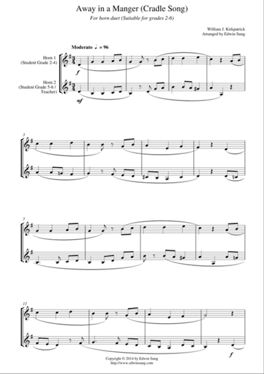 Away in a Manger (Cradle Song) (for horn duet, suitable for grades 2-6)