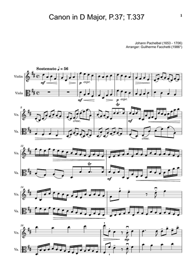 Johann Pachelbel - Canon in D Major, P.37; T.337. Arrangement for Violin and Viola. Score and Parts.