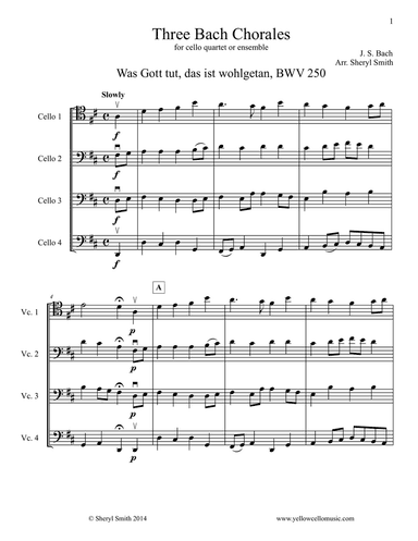 Three Bach Chorales for cello quartet or ensemble (four cellos)