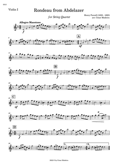 Rondeau from Abdelazer - String Quartet (Individual Parts)