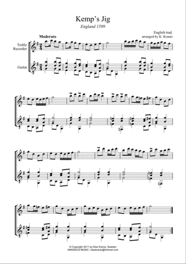 Kemp's Jig and Spilt Whiskey (Suo-gan) forTreble recorder and guitar