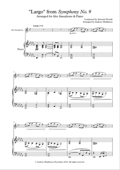 "Largo" from Symphony No. 9 arranged for Alto Saxophone & Piano