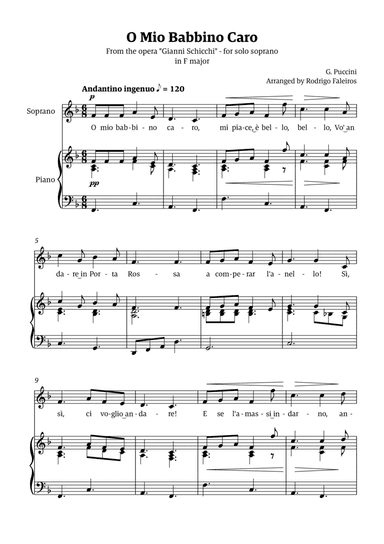 O Mio Babbino Caro - for soprano (in F major)