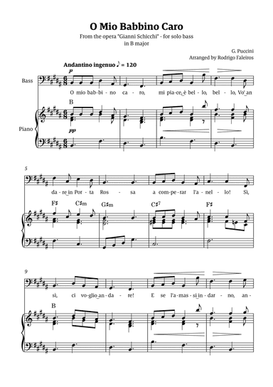 O Mio Babbino Caro - for bass (in B major)