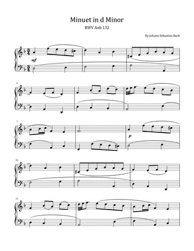 Bach - Minuet in d Minor - BWV Anh. 132 - For Easy Piano