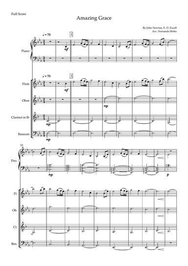 Amazing Grace (John Newton, E. O. Excell) for Woodwind Quartet and Piano Accompaniment with Chords