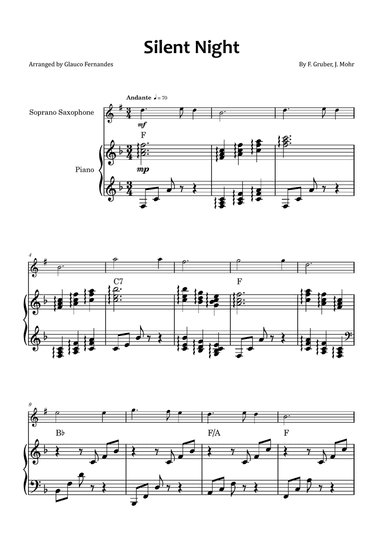 Silent Night - Soprano saxophone and piano with chord symbols