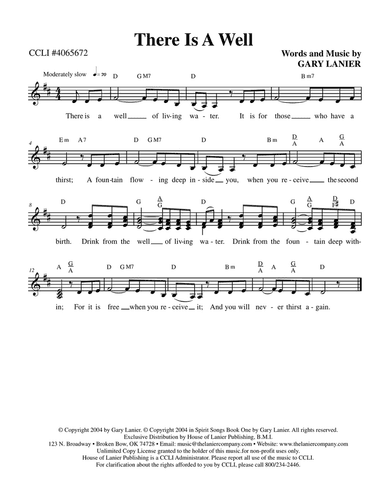 THERE IS A WELL by Gary Lanier (Lead Sheet, includes Lyrics, Melody & Guitar Chords)