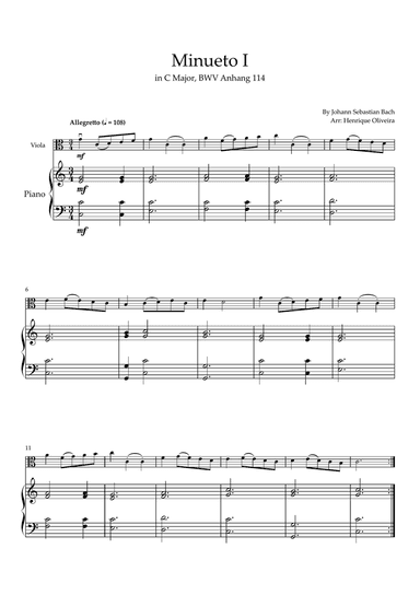 Minueto I in C Major, BWV Anhang 114 (Viola and Piano)