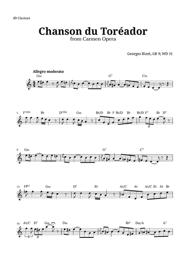 Chanson du Toreador by Bizet for Clarinet