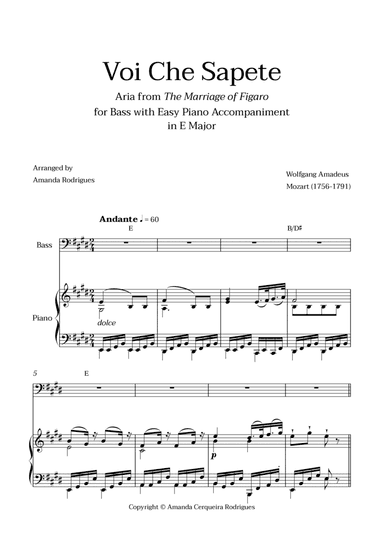 Voi Che Sapete from "The Marriage of Figaro" - Easy Bass and Piano Aria Duet with Chords in E Major