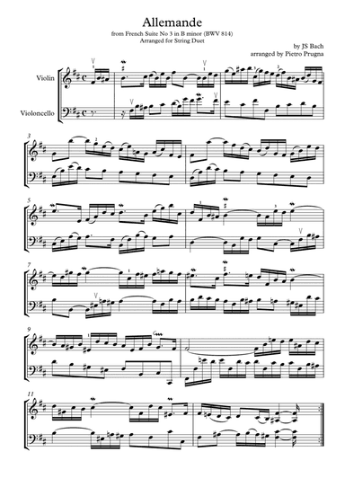 Allemande from French Suite No 3 in B minor (BWV 814) by JS Bach - arranged for String Duet