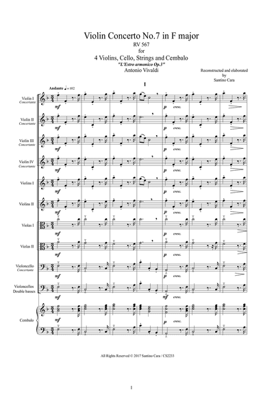 Vivaldi - Violin Concerto No.7 in F major RV 567 Op.3 for 4 Violins, Cello, Strings and Cembalo