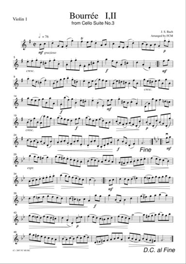 J.S.Bach Bourree I,II from Cello Suite No.3, for string quartet, CB219